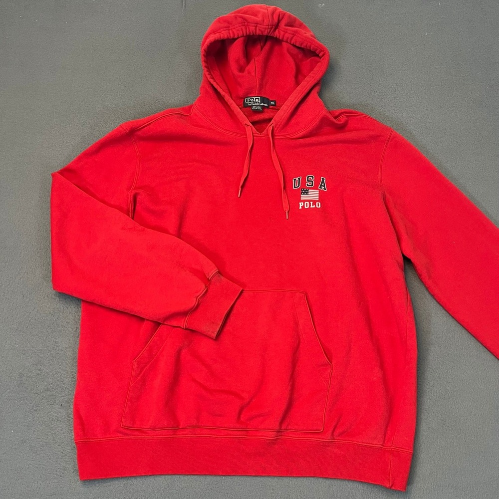 Polo Ralph Lauren USA Flag Hoodie Red Mens XXL Pullover Sweatshirt Cotton Y2K